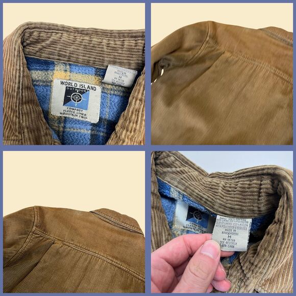 Corduroy 90s mens M jacket, vintage brown fleece-lined button down shacket - Picture 4 of 8